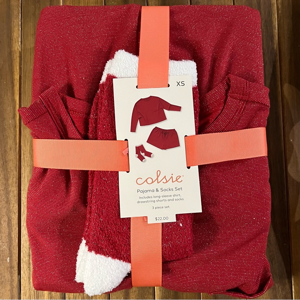 Colsie Women's Red Sparkle 3pc Socks & Pajama Set Valentine’s Day Ready New!